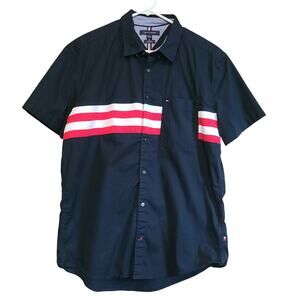 Tommy Hilfiger Slim Fit Short Sleeve Shirt Men XL Button Down Double Stripe Prep